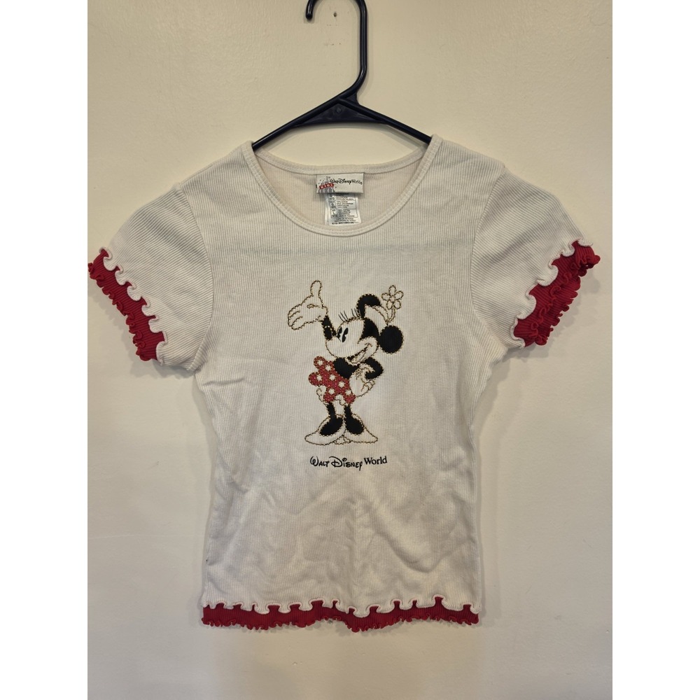 Disney World Kids Minnie Mouse Ribbed Ruffle Tee White Red Y2K Size 10/12